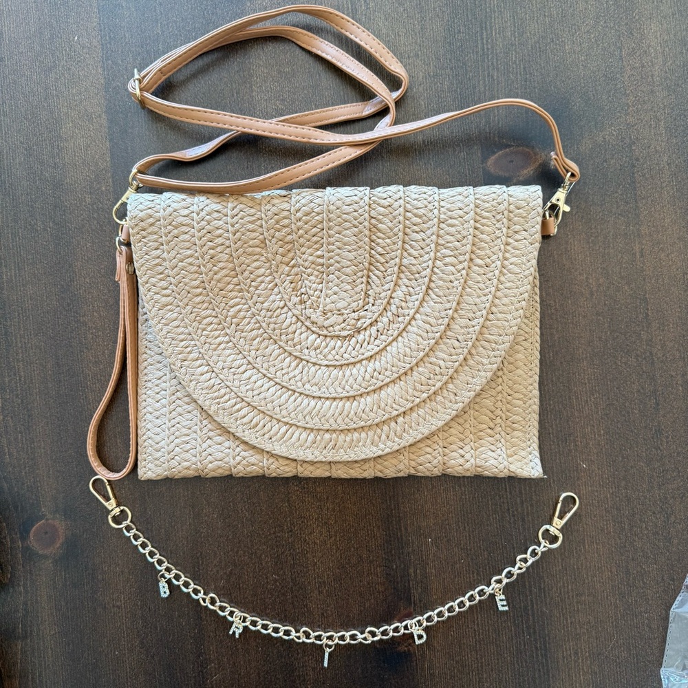 Woven Straw Crossbody Bag with Adjustable Leather Strap - Beige NEW bride chain